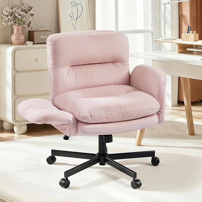 Bestier Criss Cross Chair with Flip-Up Armrests, Swivel Makeup Vanity Chair with Wheels & Side Pockets, Cross Legged Office Chair for Home Office, Bedroom, Pink Velvet