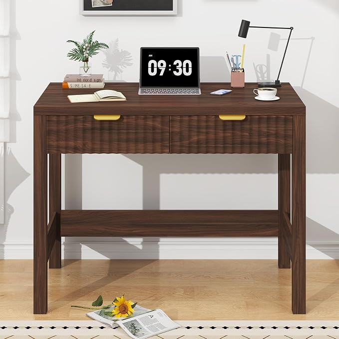 32 Inch Small Fluted Computer Desk with 2 Drawers for Bedroom, Home Office | Small Computer Desk with Storage, Compact Writing Study Desk for Small Spaces, Walnut