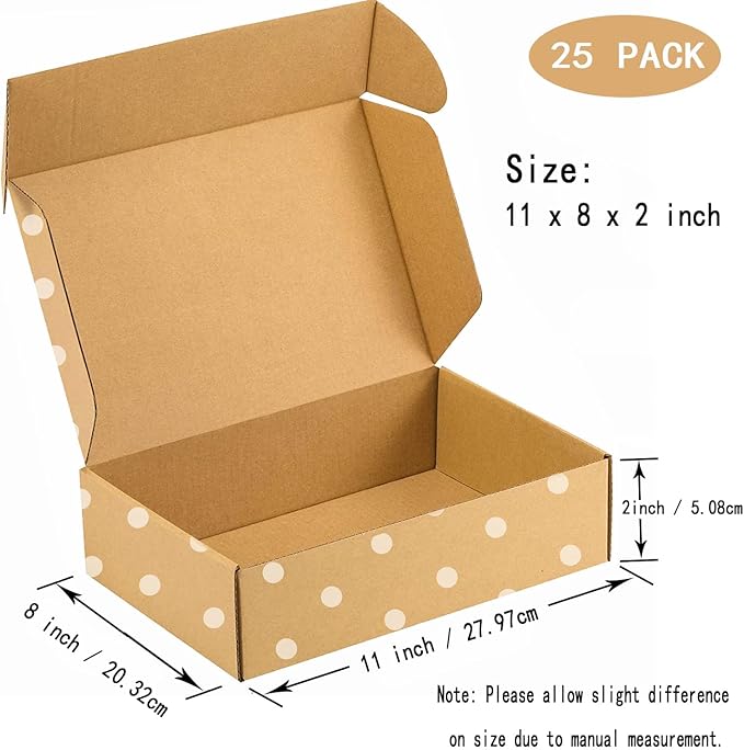 25 Pack Recyclable Corrugated Box Mailers,Kraft Cardboard Box White Polka Dot Printed for Shipping, Medium Mailing Boxes for Packaging Business, Mailer, Gift Packing, Crafts Packing(11"x 8"x 2")