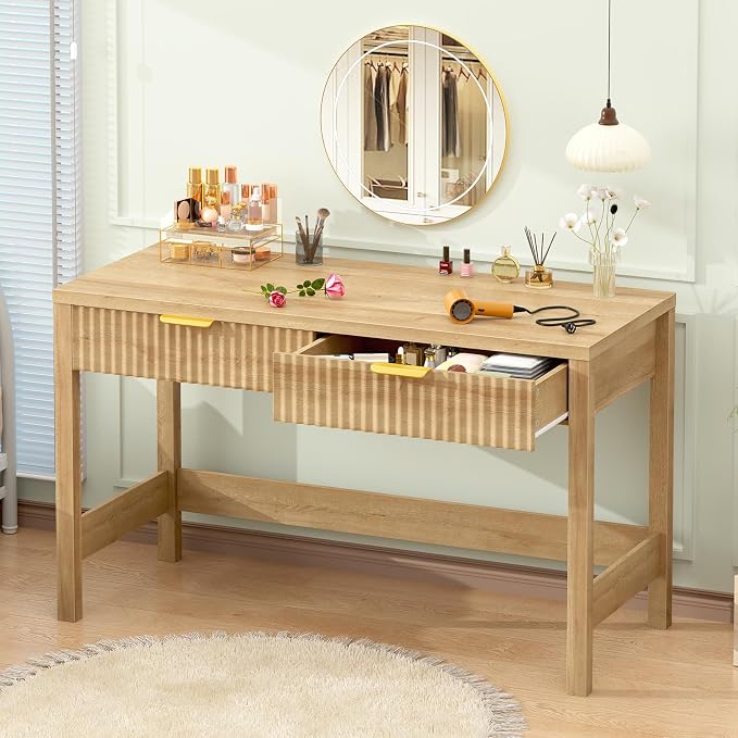 47 Inch Small Fluted Computer Desk with 2 Drawers for Bedroom, Home Office | Small Computer Desk with Storage, Compact Writing Study Desk for Small Spaces, Oak