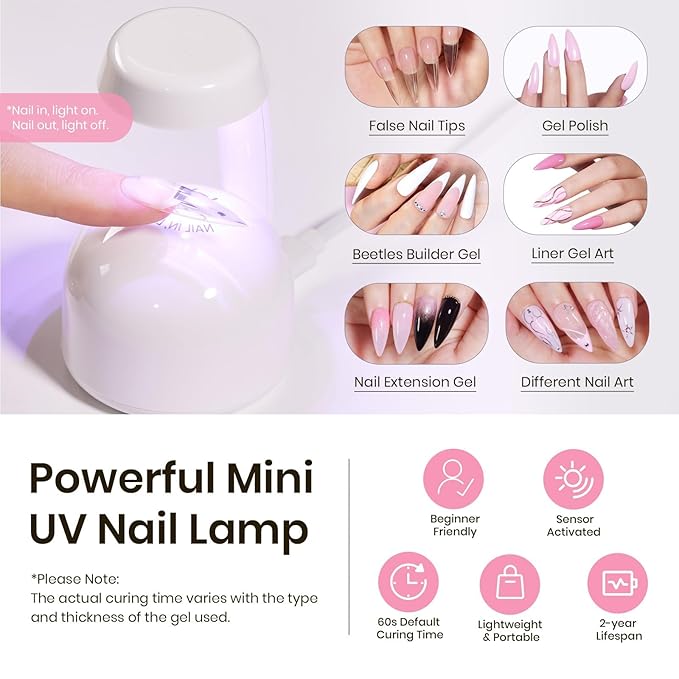 Beetles Tipex Instant Apex Nail Tips Kit with Dehydrator & Primer, Long Stiletto, 224PCS 16 Sizes, Reinforced Apex for Strong Long-Lasting Wear, 20g Solid Nail Glue, Mini UV Lamp, Base & Top Coat