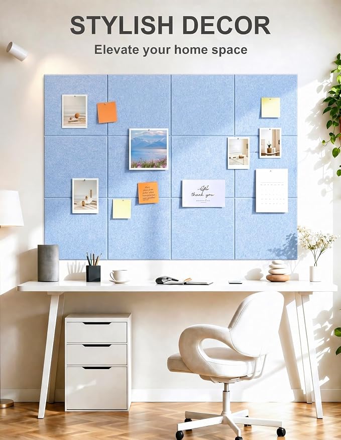 0.47”Thick Felt Bulletin Board Wall Tiles Pin Board 36x24 (L-Blue) | 6Pack 11.81”x11.81”x0.47”Felt Cork Board Tack Board with Safe Removable Adhesive Tabs and Pushpin for Home Office School