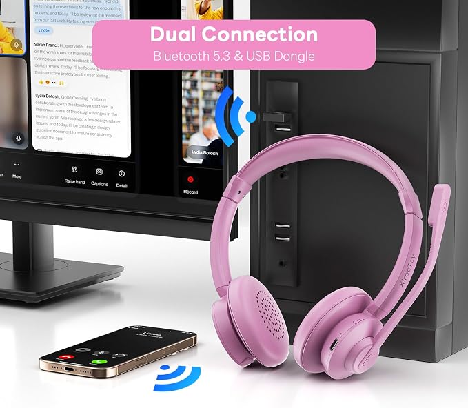 Wireless Headset with Mic for Work, Bluetooth Headset, Mic Clear Calls, Wireless Headphones with AI Noise Cancelling Microphone (Bluetooth 5.3 & Mic Mute), USB Dongle, for PC/Zoom(Pink)