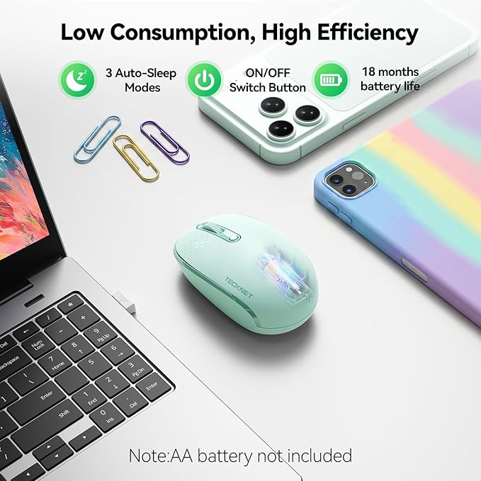 TECKNET Compact Ambidextrous Wireless Mouse for Laptop Mint Green | 2.4G Quiet Computer Mouse with USB Receiver, 3 Adjustable DPI Portable Cordless Mice for Chromebook, Laptop, PC, Mac
