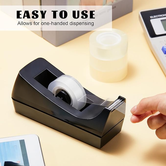 6 Pack Desktop Tape Dispensers Non Slip Base Bulk Set,Black | Stable Weighted Bottom Prevents Sliding, Fits Standard Rolls, Ideal for Office Home Classroom Desk, Refills Not Included