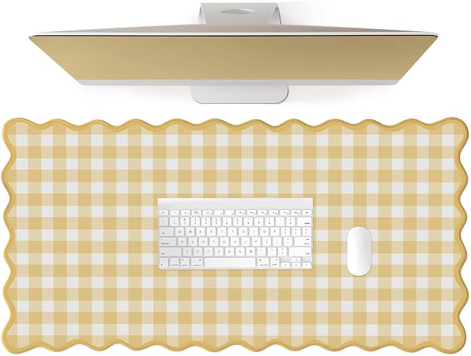 Scalloped‌ Checkered Gingham Desk Mat Cute Yellow Pastel Large Mouse Pad Kawaii Cottagecore ‌Vintage‌ Deskmat Girly Keyboard Computer Mat Aesthetic Desk Pad Office Decor for Women