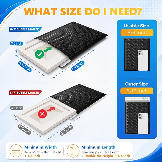 Metronic Bubble Mailers 6x10 Inch 600 Pack Black Waterproof Bubble Mailer | Usable Size 6x9" Padded Envelopes Self Seal Cushioning Mailer for Packaging, Shipping, Mailing, Small Business Supplies, Bulk