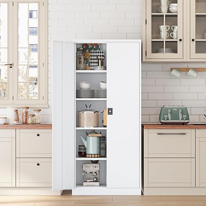 Fesbos Metal Storage Cabinet-72” Tall Steel File Cabinets with Lockable Doors and Adjustable Shelves-White Steel Storage Cabinet for Kitchen, Office, Garage