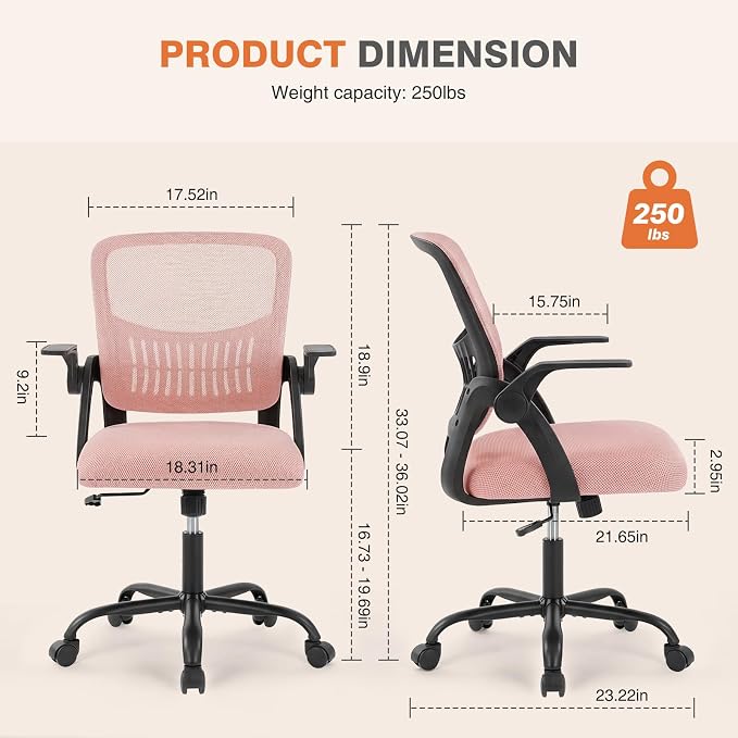 Sweetcrispy Computer Desk Chair, Mesh Office Chair, Lumbar Support | Ergonomic Mid-Back, Flip-Up Armrest, Adjustable Height, 360° Swivel Wheels, Home Office, Bedroom Comfy Arms, Black and Pink