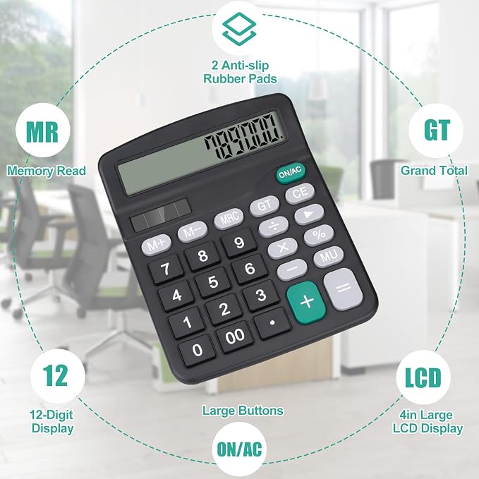 Desktop Calculator, Black Calculator Big Buttons, 12-Digits | Large LCD Display, Solar and AA Battery Dual Power, Desk Calculators for Office Home School Business Class (Black)