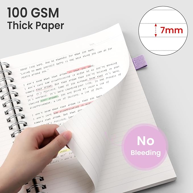 EMSHOI Lined Spiral Journal Notebook, 300 Pages, B5 Size (7.4'' x 10.1'') | College Ruled, 100 GSM Thick Paper, Flexible Plastic Cover, for School, Writing, Work, Office & Journaling (Purple)