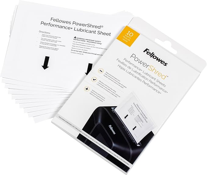 Fellowes Powershred Performance Paper Shredder Lubricant Sheets with Paper Shredder Oil Lubricant for Cross-Cut and Micro-Cut Paper Shredders, 6 x 8.50 x 0.031 Inch, 10-Pack