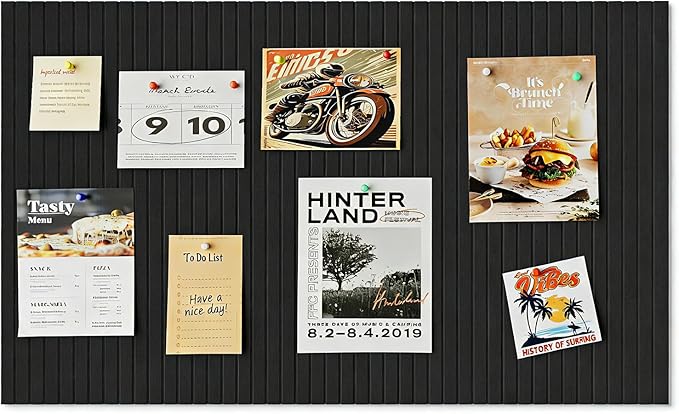 24 * 16 inches Bulletin Board, Decorative Felt Pin Board, 0.35“ Thick Foldable Photo Display Board with Self-Adhesive Tape, Vision Board for School Home Kitchen Office Walls - Black