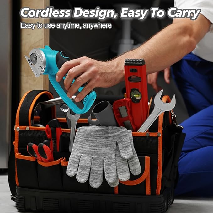 Cordless Electric Scissors, 4V Rechargeable Box Cutter & Cardboard Cutter with Titanium Blade, LED Light, Safety Lock - Rotary Cutter for Fabric, Leather, Carpet, Plastic, Crafting, Sewing(Turquoise)