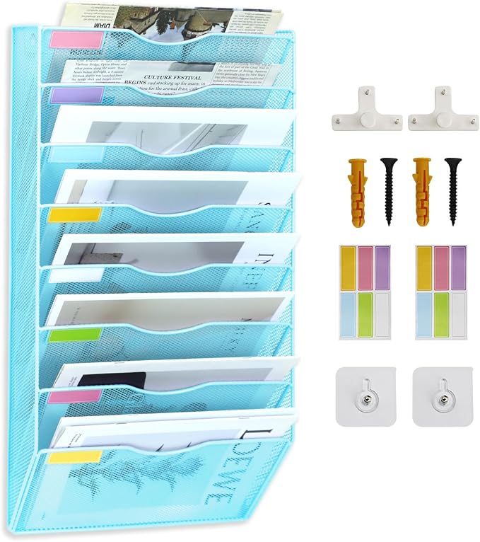 8 Pockets Mesh Wall File Holder Organizer Office Hanging File Folder Magazine Rack, Nametag Label Hooks Set Included (Blue)