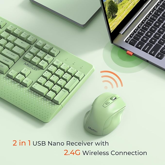 MEETION Green Wireless Keyboard and Mouse, 2.4G USB Receiver Plug-and-Play, Computer Keyboard with Wrist Support, 3 Level DPI Mouse, Long Time Lasting Battery for PC/Mac/Windows/Laptop, Green