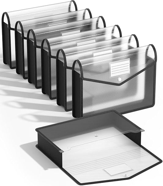 Plastic Expanding File Folder, Black File Folder Organizer Holder | Transparent envelopes with Snap Closure, No Dividers, Large Capacity, Bills&Taxes, Letter/A4 Size, 7 Pack
