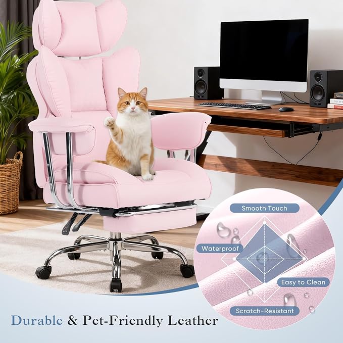 DUMOS Big and Tall Home Office Desk Chair, Executive Chair with Footrest | Scratch-Resistant PU Leather, Ergonomic Reclining, Pocket Spring Support, 400 LBS Weight Capacity, Pink