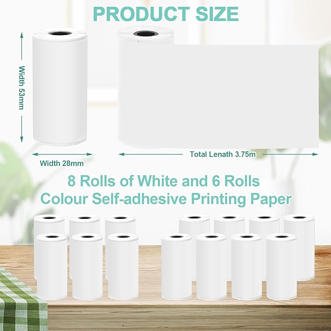 14 Rolls 53mmx28mm Thermal Printer Paper, Mini Colorful Self-adhesive Label Printer Paper Compatible With Phomemo Memoking Mini Printer, Study Notes, Journal Photos