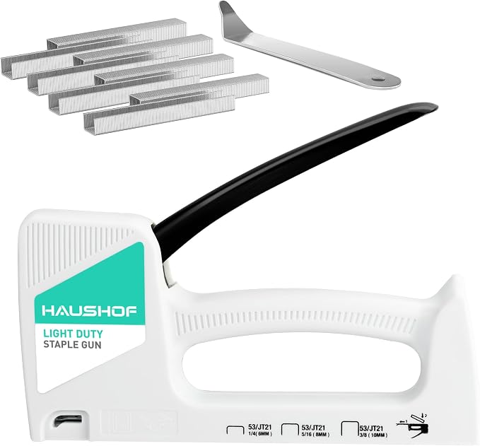 HAUSHOF Light Duty Staple Gun with 800-Count JT21 Staples & Stapler Remover | Upholstery Staple Gun Fits JT21 Staple of 1/4'', 5/16'' & 3/8'', Used for Wood, Classroom, Crafts, DIY (White)
