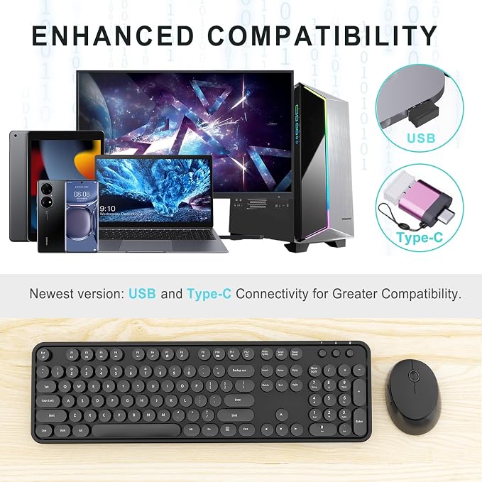 Wireless Keyboard and Mouse Combo, Ergonomic Full Size Typewriter Retro Round Keycaps Keyboard, Compatible with Windows, PC, Perfer for Home and Office Keyboards (Black