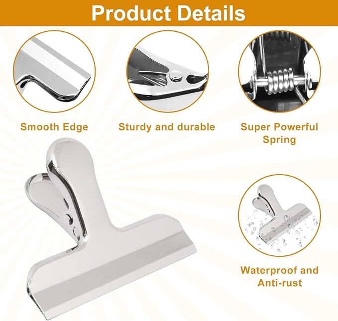 8Pcs Silver Chip Clips 3 Inch Wide Stainless Steel Notebook T Clip Heavy-Duty Food Bag Clips Metal Hinge Clip File Clamps for Home Kitchen & Office