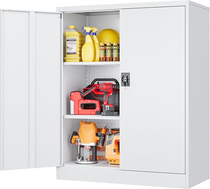 Small Metal Cabinet with Shelves,36 inch Garage Storage Cabinet with Lock,White Metal Storage Cabinets with Locking Doors,Lockable Office File Cabinets for Home,Office,Shop,Garage