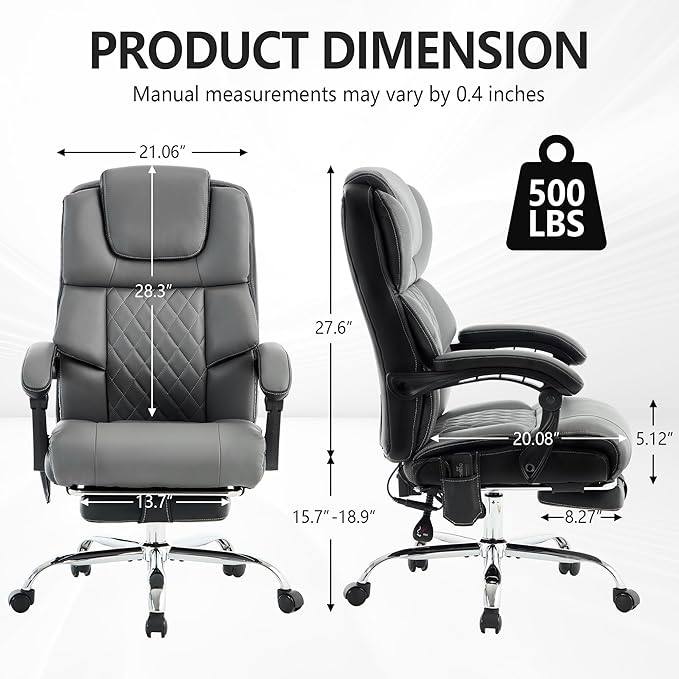 Executive Office Chair with Footrest,Big and Tall Ergonomic Computer Desk Chair for Heavy People,High Back Reclining Leather Chair with