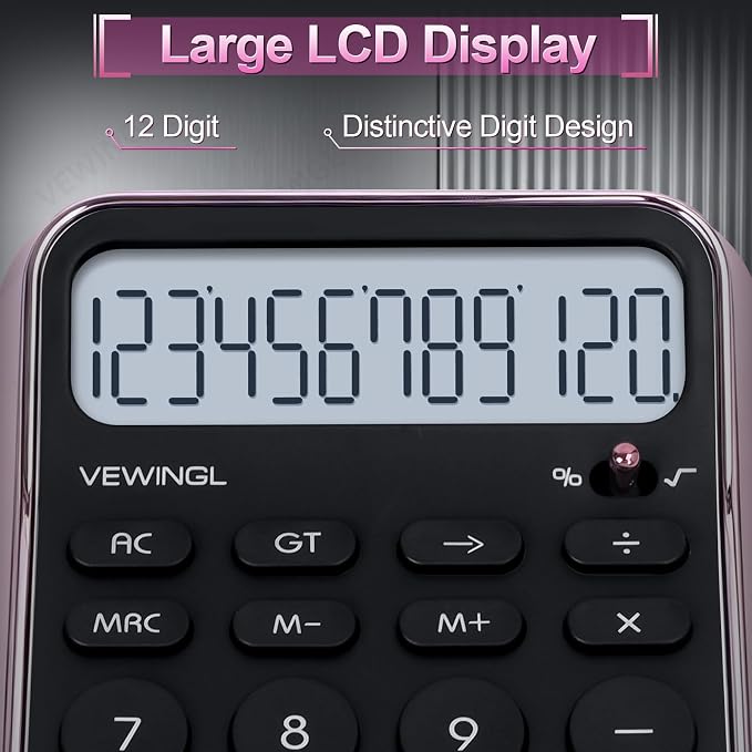 VEWINGL Desktop Calculator, 12 Digit HD Display with% Key | Metallic Vacuum-Plated Surface, Great for Office, School, or Home (Pink Chrome, Non-Voice)