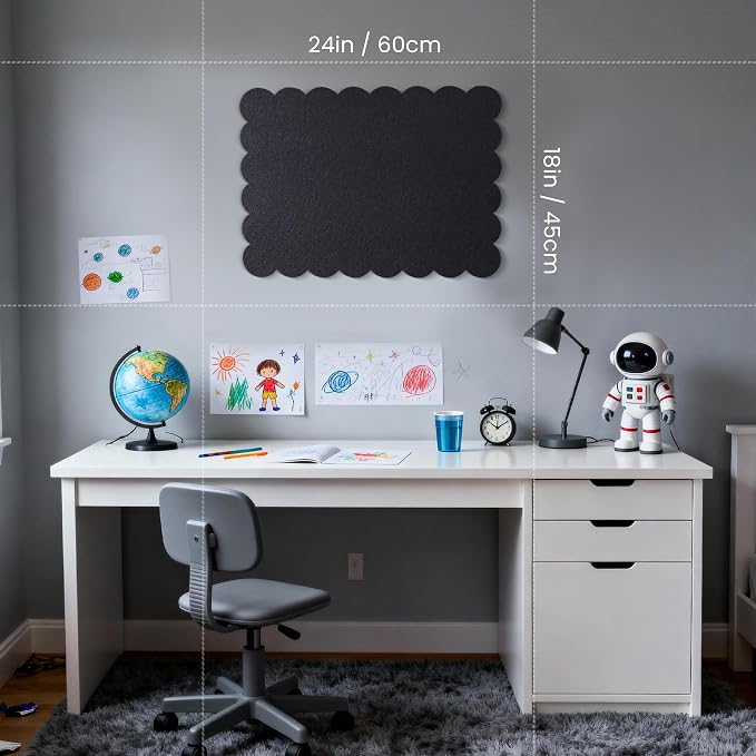 Scalloped Bulletin Board 24x18 inches, Decorative Felt Pin Board for Wall | Cute Cork Board Alternative with Push Pins, Foldable Display Vision Board for Photos, Notes & Reminders