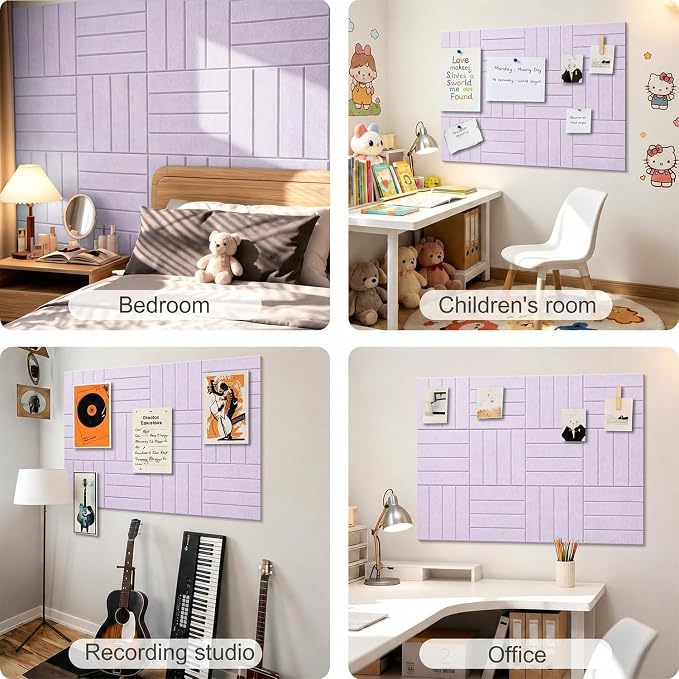 0.47" Thick Felt Wall Tiles 48"x36" Cork Board Alternative 12 Pack 11.81"x11.81"Felt Bulletin Board Pin Board with Removable Adhesive tape&60 Pushpins for Home Office School(Bold-light purple)