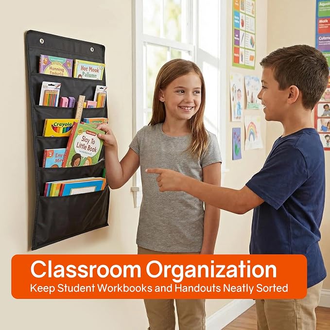 SUNEE 5 Pockets Hanging Wall File Organizer, Black Storage Pocket Chart for File Folder and Paper, Space Saver for Office and Classroom, with Wall Hangers, Over The Door Hooks, Labels