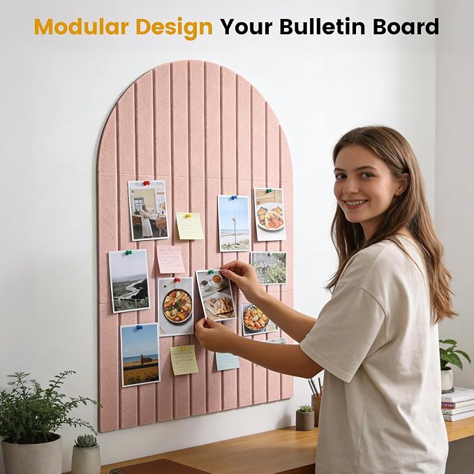 Arched Felt Bulletin Board (Pink), 35"x24" Large Wall Decor | 6 Pcs Self-Adhesive Tiles with Push Pins, Felt Cork Board Alternative for Home Office Classroom