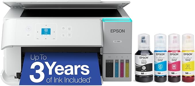 Epson EcoTank ET-2980 Wireless All-in-One Color Supertank Printer with up to 3 Years of Ink Refillable Tanks, Perfect for Home, 15 PPM, 1.44" Colorful Screen, Auto 2-Sided Printing - White