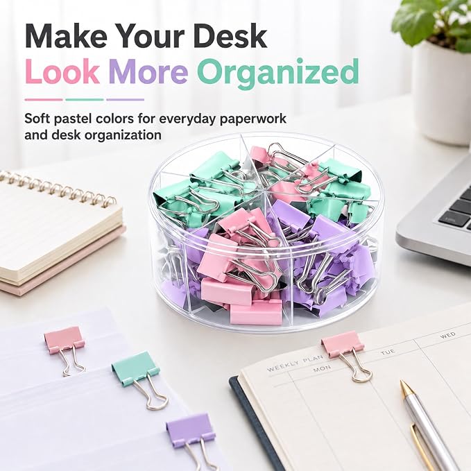 Binder Clips Assorted Sized, Metal Clips for Office, 120 Psc | 2 Box of Colored Paper clips and Binder Clips, Cute Office Supplies, Desk Accessories, Black, Pastel Color