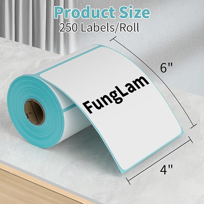 FungLam 2 Rolls 4x6 Direct Thermal Printer Labels 500 Shipping Labels Compatible with Zebra, Rollo Label Printer, Peforated Postage Thermal Labels, Permanent Adhesive, 250 Labels/Roll