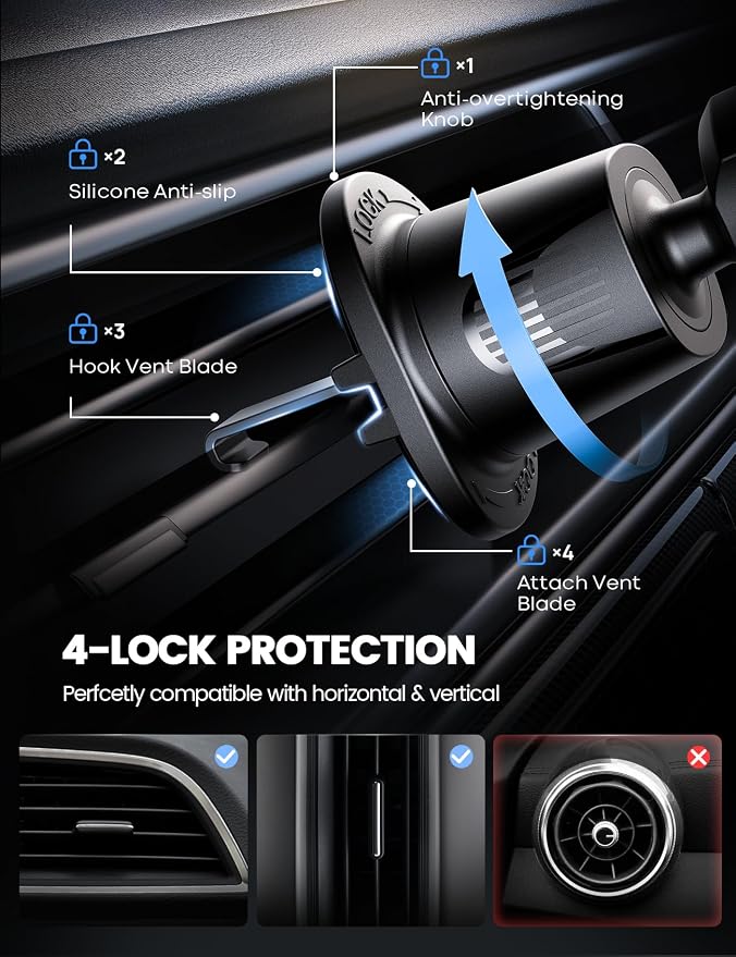 Lamicall 2026 Wider Clamp & Metal Hook Car Phone Holder Vent Accessories | Thick Cases Friendly Phone Holders for Your Car Mount Hands Free for Women Men Gift for iPhone 17 16 15 14 13 Pro Max Black