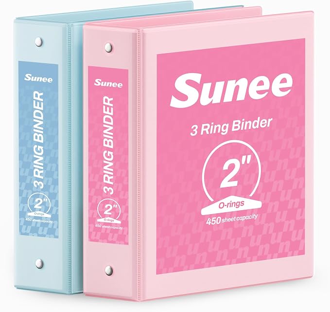 SUNEE 3 Ring Binder 2 Inch 2 Pack, Clear View Binder Three Ring PVC-Free (Fit 8.5x11 Inches) for School or Office Supplies, Pink & Blue