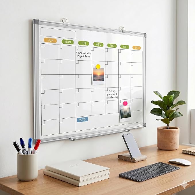 24" x 18" Magnetic Monthly Dry Erase Whiteboard Calendar for Wall | Double-sided & Smooth Writing Calendar White Board Hanging Aluminum Frame, Home, School, Office