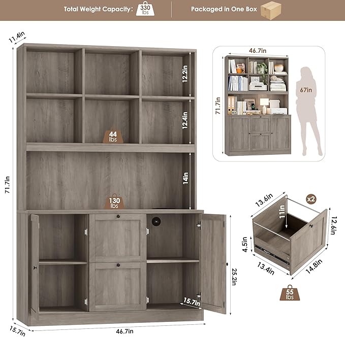 72'' Tall File Bookcase with Outlet & Printer Stand, 2 Filing Drawers | Bookshelf with Door & 2 Adjustable Drawers for Letter/A4 Hanging File, Wood File Cabinets For Home Office Storage, Ash Grey