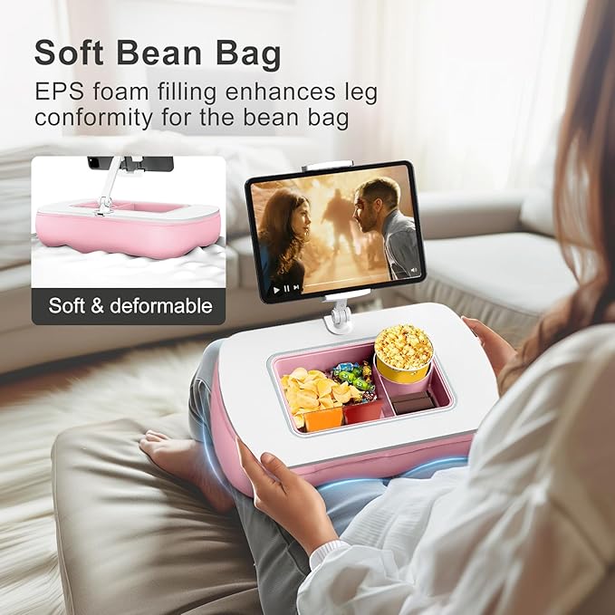 Tablet Pillow Stand for Lap Use with Snack Bowl and 360° Rotating Arm, Adjustable iPad Holder for Bed, Couch, and Recliner, Compatible with 4.7"-13" Kindle, iPad, Tablet, Phone,Pink