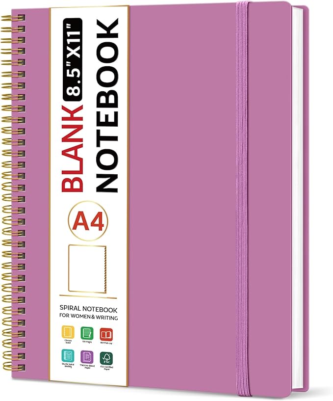 Taja Spiral Blank Notebook, 8.5"x11" Notebooks for Work, Large A4 Journal for Women & Men, Sketch Journal, Journaling Notebook for Writing, Plastic Cover Spiral Journal, Purple