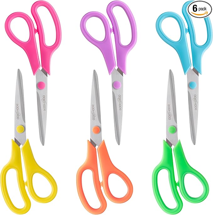 Scissors, BOOMIBOO 8" All Purpose 6 Pack - Comfort-Grip Scissors for Office Desk Accessories Sewing Fabric Home Craft School Supplies, Teacher/Class Supplies, Right/Left Handles