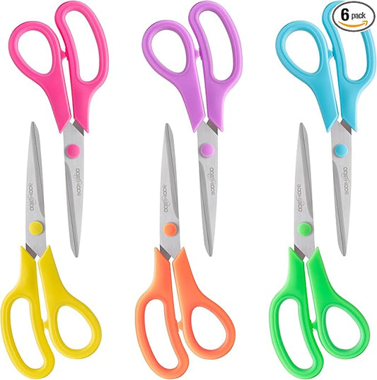 Scissors, BOOMIBOO 8" All Purpose 6 Pack - Comfort-Grip Scissors for Office Desk Accessories Sewing Fabric Home Craft School Supplies, Teacher/Class Supplies, Right/Left Handles