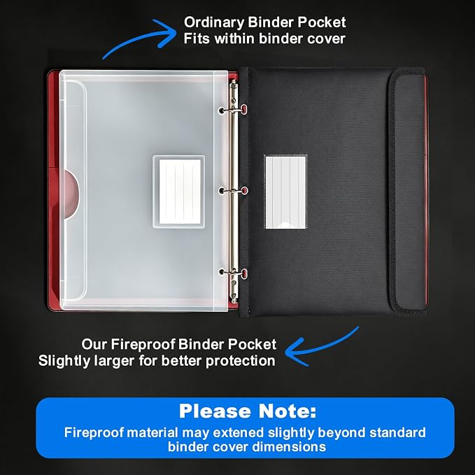 Fireproof 3 Ring Binder Pocket, Document Bag Side Loading, 2 Pack | Water Resistant,Heat Insulated,Hook&Loop Closure,Binder Folders,Safe Storage for Home Office Travel,Letter Size, Black