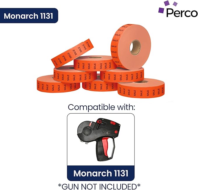 Perco Sale Fluorescent Red Pricing Labels for Monarch 1131 Price Gun - 1 Sleeve, 8 Rolls, 20,000 Price Marking Labels - with Ink Roll Included