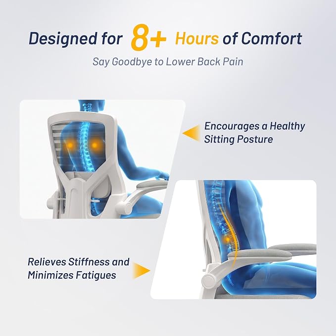 Office Desk Chair for Long Hours & Lower Back Pain Relief – 4“ Thick Molded Foam Cushion, Enhanced Lumbar Support, Padded Flip-up Armrests, Ideal for Office or Study (Light Gray)