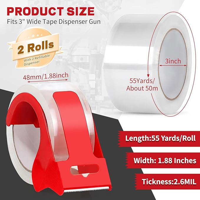 Clear Heavy Duty Packing Tape with Dispenser, 2 Rolls Strong & Durable Shipping Tape, 1.88 Inches x 55 Yards Packaging Tape, for Packing Boxes, Moving Supplies, Shipping and Mailing