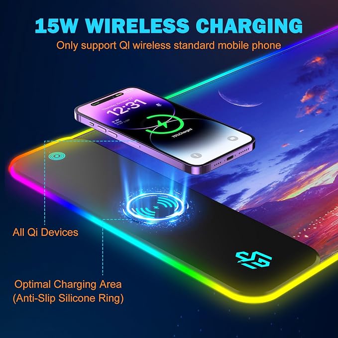 Mouse Pad Gaming Wireless Charging, 800x300x4mm Extended Desk Mat with 10 RGB Light Modes, Non-Slip Rubber Base, Waterproof Computer Keyboard Mat for Gamer, PC, Laptop, Office, Twilight Blue-Purple