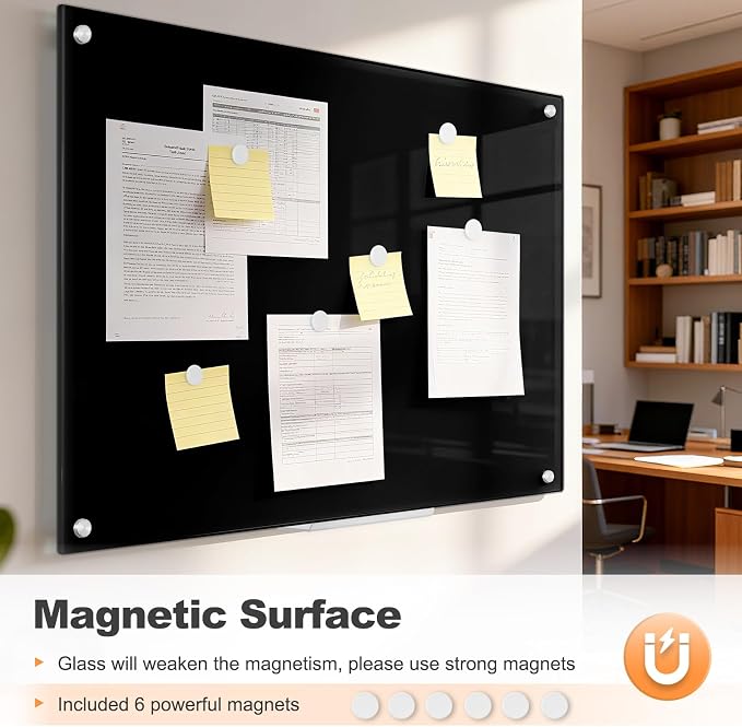 48” x 36” Large Black Dry Erase Board Tempered Magnetic Glassboard | (4’ x 3’) Wall Mounted Frameless Dry Erase Black Glass Board with Acrylic Pen tray, Magnets for Office, Home